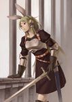  1girl animal_ears arm_support armor belt breastplate collarbone cowter gloves green_eyes long_hair pillar sheath sword tamaki_g_(artist) vambraces weapon 