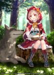  1girl :d animal_hood basket big_bad_wolf_(grimm) blush boots brown_eyes brown_hair bush capelet company_name copyright_name cross-laced_footwear english flower forest frills fukahire_sanba grass holding holding_flower hood knees_together_feet_apart last_chronicle little_red_riding_hood little_red_riding_hood_(grimm) long_sleeves looking_at_another lying nature on_stomach open_mouth profile red_skirt shirt sitting skirt smile tree tree_stump watermark white_shirt wine_bottle wolf 