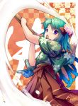  1girl :o blue_eyes flower flower_knight_girl green_hair hair_flower hair_ornament japanese_clothes looking_at_viewer murano_(ursa_polaris) orange_background saboten_(flower_knight_girl) short_hair solo 