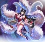  1girl ahri animal_ears bare_shoulders black_hair breasts detached_sleeves fingernails fox_ears fox_tail highres korean_clothes large_breasts league_of_legends looking_at_viewer multiple_tails nail_polish new_year solo star starry_background tail yellow_eyes 
