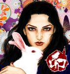  1girl black_hair face floral_background green_eyes jojo_no_kimyou_na_bouken long_hair rabbit sabano_(haldir) upper_body yamagishi_yukako 