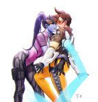  2girls ass black_gloves bodysuit brown_hair ear_piercing energy eye_contact face-to-face gloves goggles h_p head_mounted_display highres hug jacket long_hair looking_at_another multiple_girls open_mouth overwatch parted_lips piercing ponytail purple_hair purple_skin short_hair smile spiky_hair surprised tracer_(overwatch) widowmaker_(overwatch) yellow_eyes yuri 