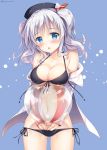  1girl ball beachball bikini blue_eyes blush breasts kantai_collection kashima_(kantai_collection) large_breasts silver_hair solo sousouman swimsuit swimsuit_under_clothes tsurime twintails wavy_hair 