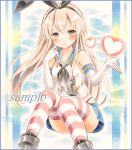  1girl anchor_hair_ornament blonde_hair blue_skirt blush brown_eyes colored_pencil_(medium) elbow_gloves gloves hair_ornament hairband heart kantai_collection long_hair looking_at_viewer marker_(medium) potto_(minntochan) sample shimakaze_(kantai_collection) skirt solo striped striped_legwear traditional_media white_gloves 