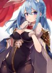  1girl animal_ears blue_hair blush bow bowtie braid bunnysuit curtains eyebrows eyebrows_visible_through_hair fake_animal_ears fur_gloves fur_trim granblue_fantasy hair_between_eyes hand_on_own_chest haruka_(reborn) leotard long_hair pantyhose rabbit_ears red_bow red_bowtie sidelocks solo therese_(granblue_fantasy) violet_eyes 