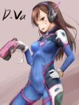  1girl akino_shuu armor bangs bodysuit breasts brown_eyes brown_hair character_name contrapposto covered_navel d.va_(overwatch) facial_mark gloves gun hand_on_hip handgun headphones high_collar holding holding_gun holding_weapon long_hair overwatch pilot_suit skin_tight solo standing swept_bangs tongue tongue_out weapon white_gloves 