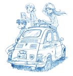  aki_(girls_und_panzer) bangs bbb_(friskuser) bubble_blowing bubblegum car commentary_request fiat_500 girls_und_panzer greyscale hand_on_headwear hands_in_pockets jacket kantele long_hair low_twintails map mika_(girls_und_panzer) mikko_(girls_und_panzer) monochrome motor_vehicle one_eye_closed open_mouth pants school_uniform sitting sitting_on_object track_jacket track_pants translation_request twintails vehicle wind wind_lift 