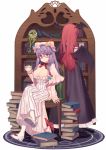  2girls bat_wings bespectacled book bookshelf bow breasts capelet chair cleavage crescent crossed_legs cup dress glasses hair_bow hair_ribbon hat head_wings highres koakuma large_breasts long_hair long_sleeves misoni_comi mob_cap multiple_girls patchouli_knowledge purple_hair redhead ribbon sitting skirt striped striped_dress teacup touhou tress_ribbon very_long_hair violet_eyes white_legwear wings 