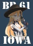  :p bangs blonde_hair blue_eyes breasts collar cowboy_hat elbow_gloves gloves gun hair_between_eyes hand_on_hip handgun hat holding holding_gun holding_weapon iowa_(kantai_collection) kantai_collection kitsuneno_denpachi large_breasts long_hair midriff pistol revolver shirt sleeveless star star-shaped_pupils symbol-shaped_pupils tied_shirt tongue tongue_out trigger_discipline weapon 