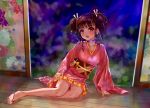  1girl blurry bokeh brown_hair choker counter_(734671289) depth_of_field highres japanese_clothes kimono koutetsujou_no_kabaneri long_sleeves looking_at_viewer mumei_(kabaneri) red_eyes short_hair slippers solo twintails 