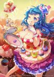  1girl 2004 2016 ;q bare_shoulders blue_hair blush breasts cleavage company_name copyright_request crown cup cupcake dress dutch_angle english fei_(idws321) food food_as_clothes food_themed_clothes fruit heart long_hair looking_up macaron number one_eye_closed solo spilling standing strawberry teacup tongue tongue_out tray watermark whipped_cream 