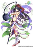  1girl armpits black_hair blue_eyes boots breasts city_forest_online cleavage copyright_name flail flower flower_knight_girl full_body gloves hair_over_one_eye huge_weapon knee_boots large_breasts long_hair looking_at_viewer morning_star official_art red_gloves sash see-through sideboob single_elbow_glove skirt smile solo suzurannoki_(flower_knight_girl) weapon white_background white_boots 