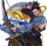  1boy arrow bandolier bow_(weapon) brown_eyes brown_hair freer hair_tie hanzo_(overwatch) overwatch ponytail short_hair solo tattoo weapon 