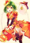  1girl boots braid cowboy_shot crown_braid flower_knight_girl food_themed_clothes food_themed_hair_ornament ghost green_hair hair_ornament hat houzuki_michiru jack-o&#039;-lantern knee_boots looking_at_viewer orange_boots orange_skirt panties pepo_(flower_knight_girl) pumpkin_hair_ornament red_eyes short_hair skirt smile solo thigh-highs thigh_strap underwear witch_hat yellow_panties 