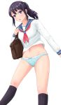  1girl bag black_hair blush highres long_hair navel no_pants original panties ponytail school_uniform serafuku solo underwear violet_eyes yurashimayura 