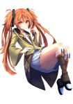  1girl aihara_enju black_bullet dress hand_in_hair hand_on_hip highres long_hair looking_at_viewer orange_eyes orange_hair pleated_skirt simple_background skirt solo twintails white_background white_dress zipper 