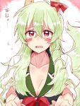  1girl breasts cleavage collarbone ex-keine green_hair horn_ribbon horns kamishirasawa_keine large_breasts long_hair looking_at_viewer neckerchief open_mouth red_eyes ribbon six_(fnrptal1010) solo tail tears touhou translation_request upper_body 