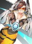  1girl bodysuit brown_hair dual_wielding goggles gun jacket lips looking_at_viewer overwatch shazhiqiao short_hair solo spiky_hair tracer_(overwatch) weapon 