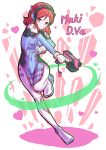  1girl bodysuit boots breasts character_name cosplay covered_navel d.va_(overwatch)_(cosplay) facial_mark full_body gloves gun handgun headphones holding holding_gun holding_weapon kelinch1 love_live!_school_idol_project nishikino_maki overwatch pilot_suit redhead short_hair solo standing standing_on_one_leg violet_eyes weapon white_boots white_gloves 