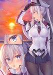 1girl adjusting_clothes adjusting_hat black_legwear blonde_hair blue_eyes blush breasts capelet covered_navel gloves graf_zeppelin_(kantai_collection) hat highres kantai_collection large_breasts long_hair looking_at_viewer obiwan ocean pantyhose parted_lips peaked_cap profile revision scenery sunset twilight twintails zooming_in 