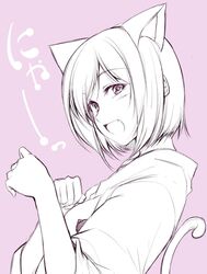  1girl animal_ears cat_ears cat_tail fang hagane_soushi idolmaster idolmaster_cinderella_girls looking_to_the_side maekawa_miku monochrome open_mouth paw_pose short_hair sketch solo tail 