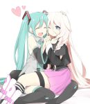  2girls black_legwear blue_eyes blue_hair closed_eyes hatsune_miku highres ia_(vocaloid) kneehighs multiple_girls open_eyes pantyhose pink_hair tagme twintails vocaloid yuri 