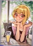  1girl blonde_hair breasts cafe character_request cleavage copyright_request drink drinking_straw green_eyes highres idolmaster idolmaster_cinderella_girls idolmaster_cinderella_girls_starlight_stage jewelry miyamoto_frederica necklace off_shoulder omaru_gyuunyuu short_hair smile solo tagme tree v 