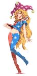  1girl american_flag_legwear american_flag_shirt blonde_hair clownpiece commentary_request harusame_(unmei_no_ikasumi) hat highres jester_cap long_hair looking_at_viewer midriff no_pants open_mouth pantyhose pink_eyes shirt_lift short_sleeves smile solo standing standing_on_one_leg tongue tongue_out touhou very_long_hair wavy_hair 