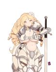  1girl 34no404 abs armor bikini_armor blonde_hair breasts centaur choker curvy flower gem greaves hair_flower hair_ornament highres huge_breasts loincloth long_hair long_sword midriff monster_girl monster_musume_no_iru_nichijou monster_musume_no_iru_nichijou_online navel orange_eyes pauldrons planted_sword planted_weapon pointy_ears ringlets shaia_(monster_musume) slender_waist smile solo sword tail thick_thighs thighs under_boob vambraces weapon 