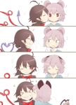  &gt;_&lt; 2girls 4koma ahoge akagashi_hagane animal_ears asymmetrical_wings black_hair blush cheek_kiss clenched_teeth closed_eyes comic grey_hair grin heart_ahoge houjuu_nue kiss mouse_ears mouse_tail multiple_girls nazrin red_eyes smile tail teeth touhou wings yuri 