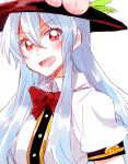  blue_hair food fruit hat hinanawi_tenshi long_hair looking_at_viewer open_mouth peach puffy_short_sleeves puffy_sleeves red_eyes shirt short_sleeves six_(fnrptal1010) smile touhou upper_body 