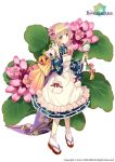  1girl bergenia_(flower_knight_girl) blonde_hair bow city_forest_online copyright_name dress floral_print flower flower_knight_girl full_body hair_flower hair_ornament looking_at_viewer object_namesake official_art red_bow sandals short_hair socks solo standing violet_eyes white_background white_bow 