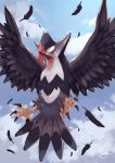  beak blue_sky claws clouds feathers highres no_humans open_mouth pokemon pokemon_(creature) red_eyes signature sky solo spread_wings staraptor tesshii_(riza4828) 