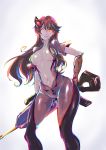  1girl breasts gun long_hair looking_at_viewer navel overwatch purple_hair purple_skin push!_(pushmylove) rifle sniper solo thighs weapon widowmaker_(overwatch) 