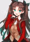  1girl :d artist_name blush brown_hair dated fate/stay_night fate_(series) green_eyes grey_background hair_ribbon heart ichikura_tokage long_hair looking_at_viewer open_mouth ribbon school_uniform simple_background smile solo toosaka_rin 
