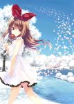  1girl absurdres blush brown_hair butterfly closed_mouth dress flower frilled_dress frills from_side hair_ribbon head_tilt highres holding holding_flower ohara_tometa original outdoors red_ribbon ribbon sleeveless sleeveless_dress smile solo tree violet_eyes water white_dress 
