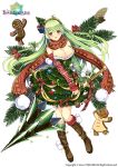  1girl arm_warmers boots bow braid breasts brown_boots candy candy_cane christmas christmas_tree_costume city_forest_online cleavage earmuffs flower_knight_girl full_body gingerbread_man green_bow green_hair hair_bow hairband knee_boots large_breasts long_hair looking_at_viewer mominoki_(flower_knight_girl) official_art polearm pom_pom_(clothes) red_bow red_scarf scarf smile solo spear standing weapon white_background yellow_eyes 