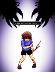  androgynous bent_over brown_hair claws english frisk_(undertale) hair_over_eyes injury jungyun99 shaded_face shirt shorts spoilers stick t-shirt undertale 