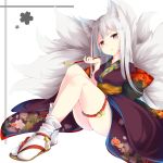  1girl absurdres amane_tari animal_ears bell breasts floral_print fox_ears fox_tail head_tilt highres holding japanese_clothes jingle_bell kimono knees_up large_breasts long_hair looking_at_viewer multicolored_eyes multiple_tails original sandals sash simple_background sitting smoking_pipe socks solo tabi tail tassel thigh_strap thighs underbust violet_eyes white_background white_hair white_legwear yellow_eyes 