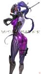  1girl ass bodysuit boots breasts elbow_gloves from_behind gloves gun hand_on_hip head_mounted_display highres knee_boots long_hair looking_back overwatch ponytail purple_skin rifle sniper_rifle solo thighs very_long_hair visor weapon widowmaker_(overwatch) yang-do yellow_eyes 