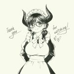  1girl apron arms_behind_back blush breasts glasses greyscale horns large_breasts maid maid_apron maid_headdress marker_(medium) monochrome original pas_(paxiti) smile solo thank_you traditional_media 