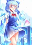  1girl :o arms_behind_back bare_legs blue_bow blue_dress blue_eyes blue_hair blush bow bowtie cirno collared_shirt cowboy_shot crystal dress eyebrows eyebrows_visible_through_hair frilled_sleeves frills hair_bow highres ice ice_wings kanzakietc looking_at_viewer open_mouth puffy_short_sleeves puffy_sleeves red_bow red_bowtie shirt short_hair short_sleeves solo tareme touhou walking wing_collar wings 