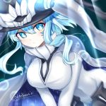 1girl alternate_hair_color asakishoten blue_eyes blue_hair blurry bodysuit breasts cape headgear kantai_collection large_breasts light shinkaisei-kan sidelocks solo sparkle tentacles upper_body wo-class_aircraft_carrier 