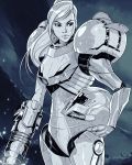  1girl arm_cannon cowboy_shot female glowing headwear_removed helmet helmet_removed highres holding holding_helmet joel_furtado metroid monochrome ponytail power_armor power_suit samus_aran solo weapon 