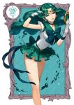  1girl bishoujo_senshi_sailor_moon choker circlet collarbone deep_aqua_mirror earrings gem gloves green_eyes green_hair green_skirt hand_in_hair heart holding jewelry kaiou_michiru long_hair miniskirt mirror ribbon sailor_neptune skirt solo star white_gloves yukiusagi1983 