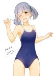  1girl brown_eyes competition_school_swimsuit grey_hair hair_ribbon kantai_collection kitaminami one-piece_swimsuit ooshio_(kantai_collection) open_mouth ribbon short_hair smile solo swimsuit twintails 