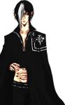  1boy arystar_krory black_hair black_nails cape collarbone d.gray-man frown hair_over_one_eye hand_on_own_stomach midriff pointy_ears short_hair simple_background solo two-tone_hair white_background white_hair 
