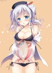  1girl ball beachball bikini blue_eyes blush breasts kantai_collection kashima_(kantai_collection) large_breasts silver_hair solo sousouman swimsuit swimsuit_under_clothes tsurime twintails wavy_hair 