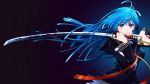  1girl black_bullet blue_hair highres holding holding_sword holding_weapon katana long_hair school_uniform solo sword tendou_kisara violet_eyes weapon 