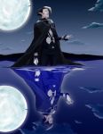  1boy arystar_krory black_hair cape clouds d.gray-man dual_persona fang full_moon gloves looking_up moon night night_sky parted_lips pointy_ears reflection ruffles short_hair sideburns solo spiked_hair two-tone_hair uniform wading white_gloves white_hair yellow_eyes 